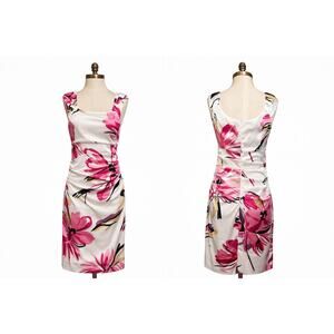 London Style Nights Dress SZ 10 Satin Finish Calf Length White W/Pink Flowers